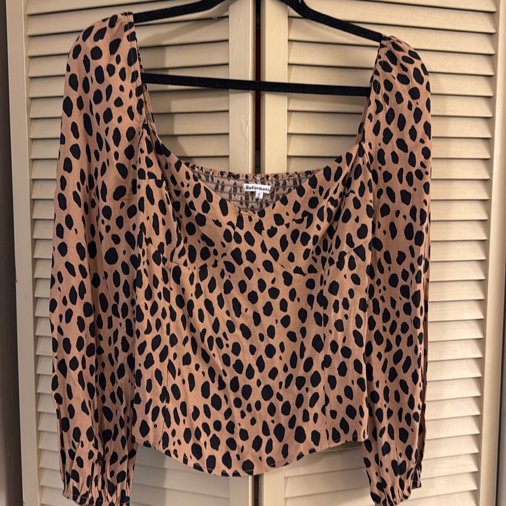 Reformation Tan and Black Animal Print Blouse
